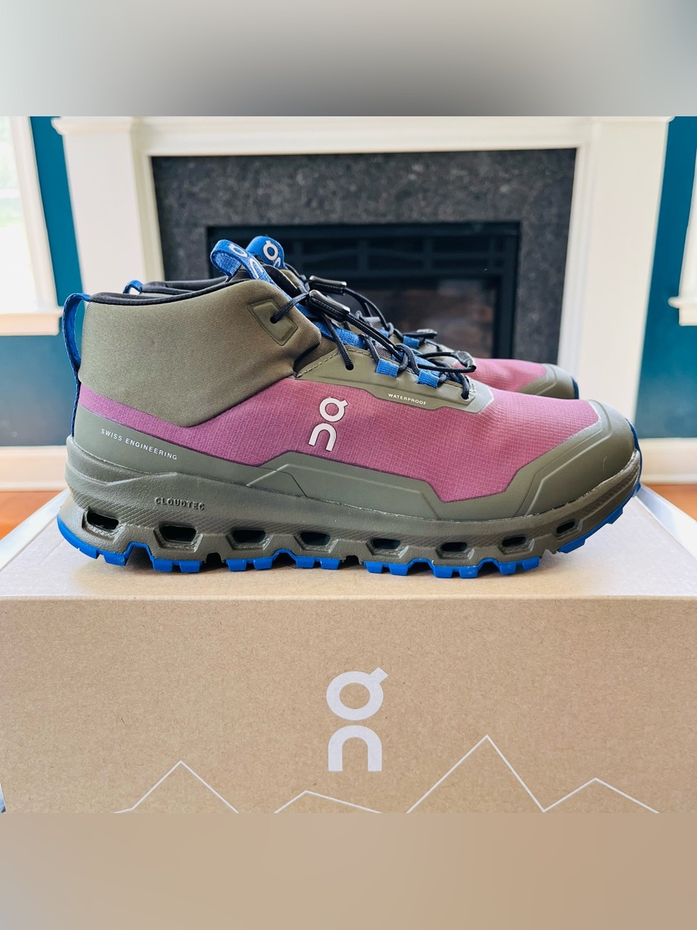 On Cloudhero Mid Waterproof Mid Top Athletic Hiking Sneakers Cherry/Olive